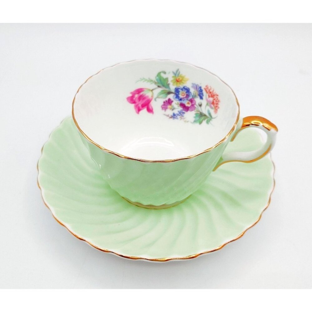 Aynsley Green Swirl Bone China Afternoon Tea in Pale Spring Green with Floral